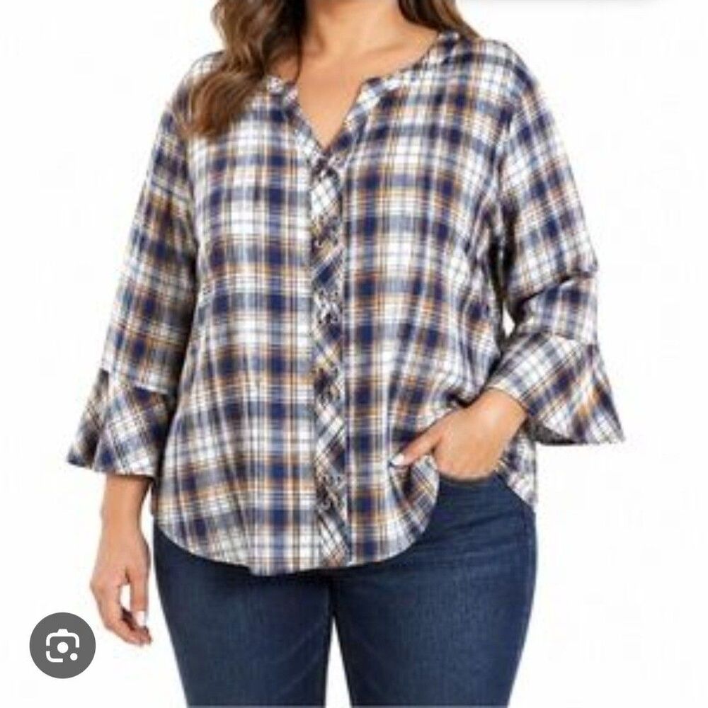 Skies Are Blue Brown Plaid Lace-Up Detail Blouse Cotton Business Casual Plus 3X